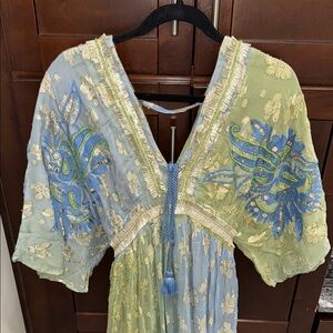 Blue and green kimono maxi dress